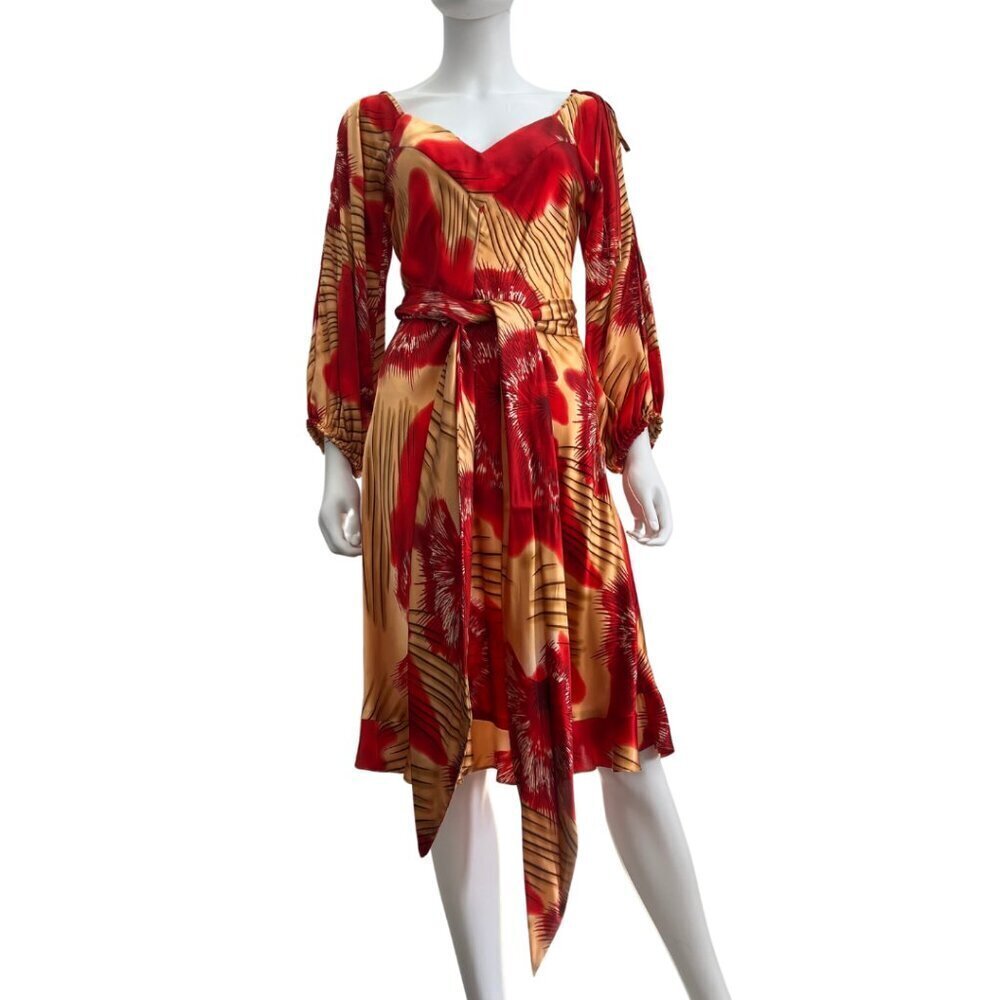 Vintage Tracy Feith Red Printed Silk Dress Size S - Picture 3 of 11